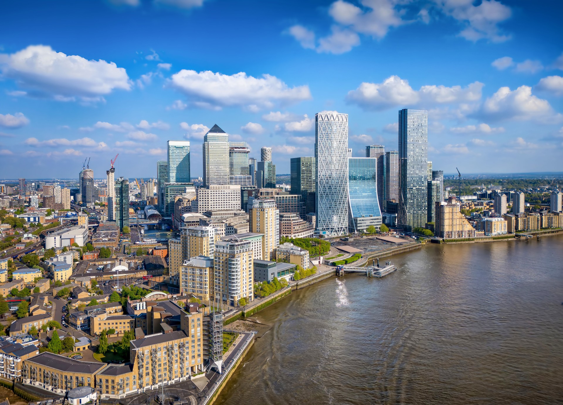 Aerial view of the financial district Canary Wharf in London